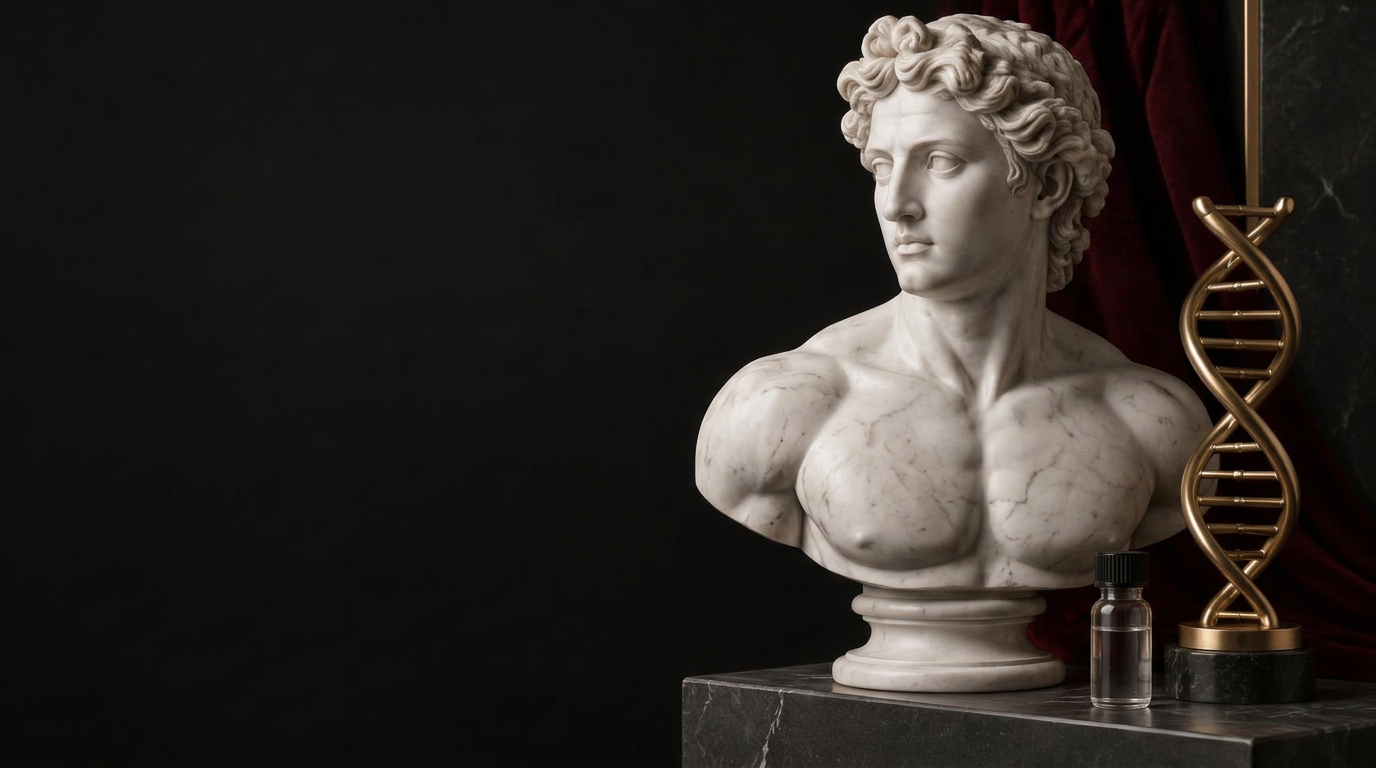 Marble Apollo sculpture beside a gold DNA double helix and laboratory vial